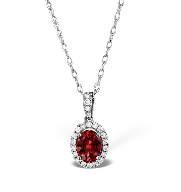 Ruby 7 x 5mm And Diamond Halo 18K White Gold Pendant Necklace